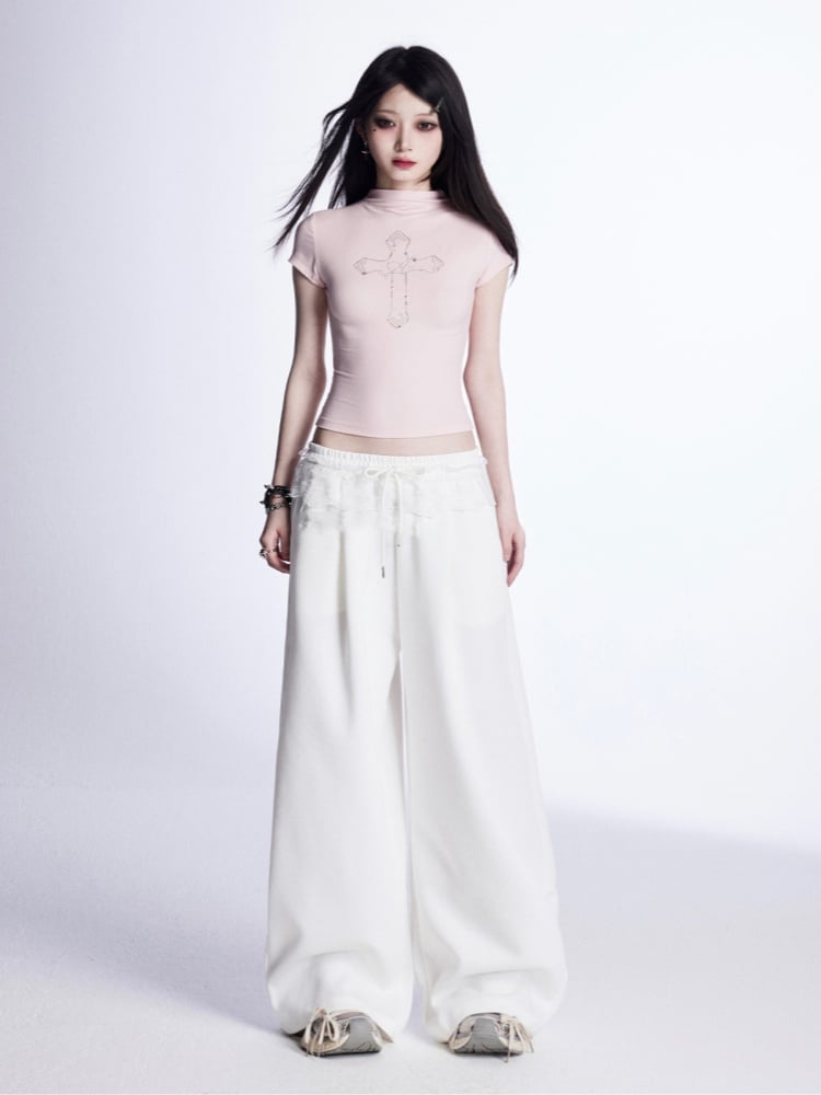 Mock Neck Cross Rhinestones T-Shirt Pink/White/Black