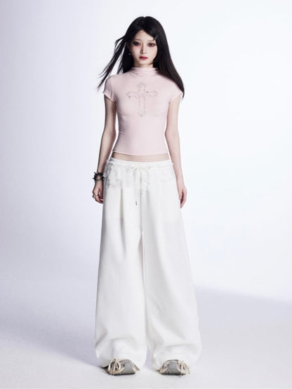 Mock Neck Cross Rhinestones T-Shirt Pink/White/Black