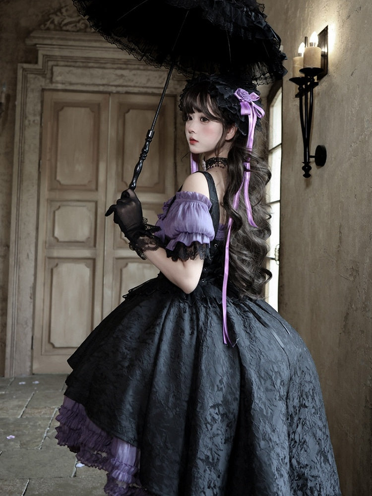 Gothic Underbust JSK Dress with Off-Shoulder Blouse, Purple & Black, High-Low Skirt - Sheer Ocean