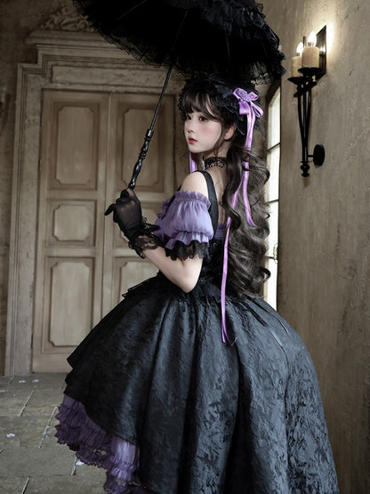 Gothic Underbust JSK Dress with Off-Shoulder Blouse, Purple & Black, High-Low Skirt - Sheer Ocean