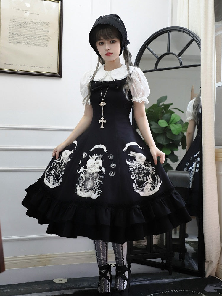 Dunkles Taillenkleid Gothic Bunny Fit Slim Lolita Schwarzer Druck