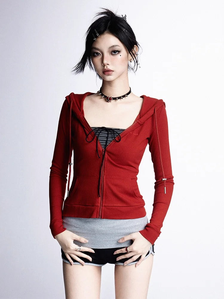 Slim-fitting Hooded Black/Gray/Red Top Zip Closure