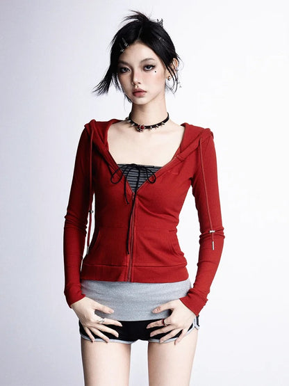 Slim-fitting Hooded Black/Gray/Red Top Zip Closure