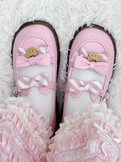 - 2 cm süße, gleichmäßig gestreifte Flats mit rosa Schleife und PU-Lolita-Sohle