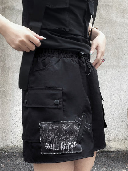 Cargo Pocket Skirt Cross and Skeleton Appliques Drawstring Black Waist