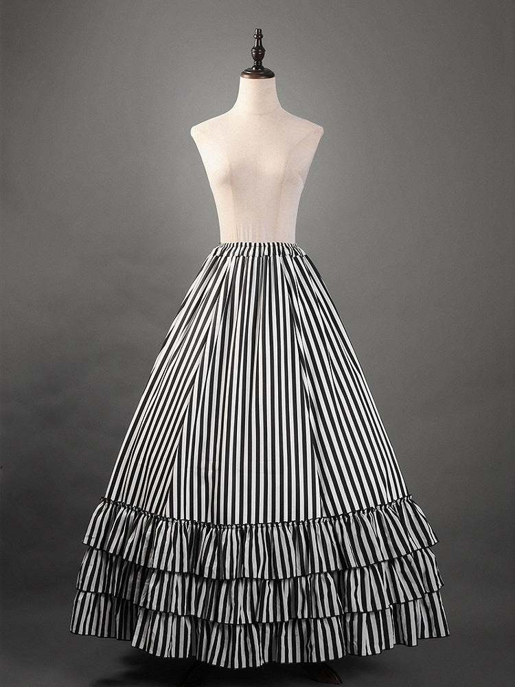 Black and White Striped Tiered Hemlline Steampunk Lolita Skirt
