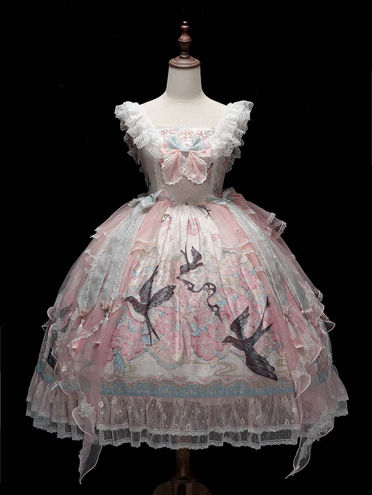 Pink Chinoiserie Lolita High Waist JSK Dress with Swallow and Peach Blossom Print - Dream Magic Box
