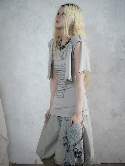 Beige-Grey Knit Short-Sleeve Top with Rhinestone Design - NO ROMANCE