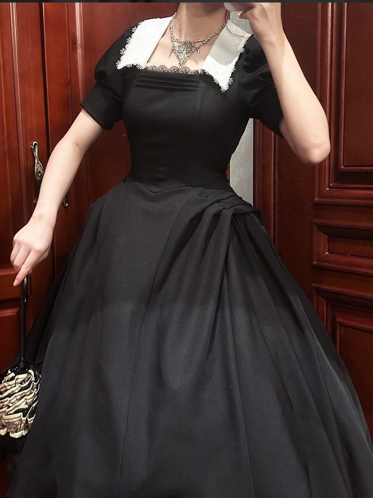 OP Lolita Vintage Sleeves Black Dress Gothic Puff