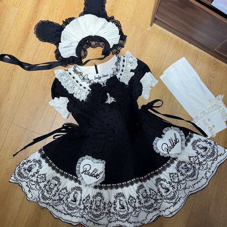 Rabbit Detachable Sleeves Pattern Dot Sweet + Black Polka with Dress Bonnet Sweetheart Set Appliques Lolita