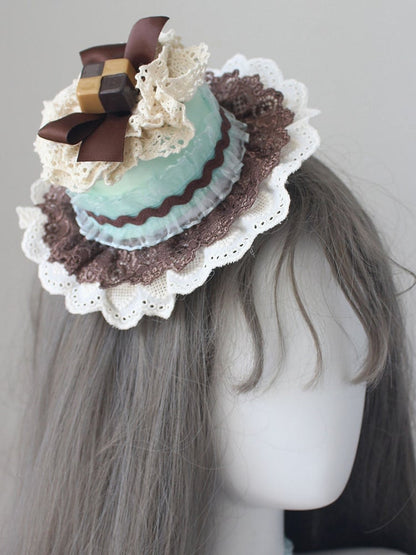 GreenBrown Cake Hat Decorated Bowknot Mini Trim Chocolate Lace