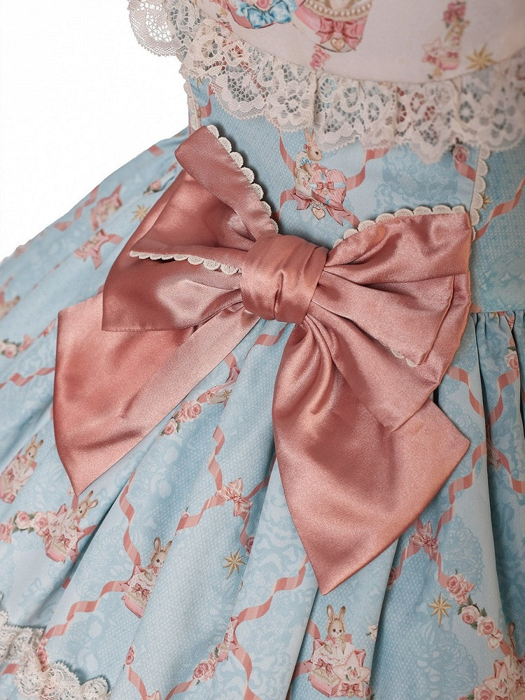 Blue and Pink Sweetheart Doll-Themed Lolita JSK with Toy Bed Print, Bow and Lace Accents - Alice Girl