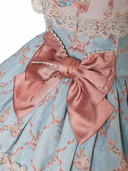Blue and Pink Sweetheart Doll-Themed Lolita JSK with Toy Bed Print, Bow and Lace Accents - Alice Girl