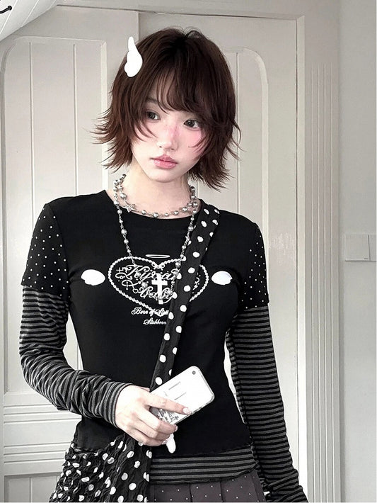 Heart Gray Striped Two-pieces Print with Top Faux Corss Black