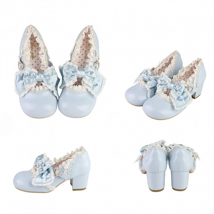 Blue Sweet Trim Mary Mid-Heel Lolita with - Style Lace Party Janes Tea