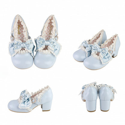 Blue Sweet Trim Mary Mid-Heel Lolita with - Style Lace Party Janes Tea