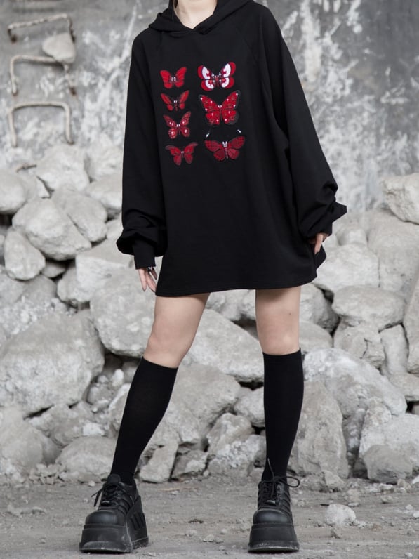 Flock Butterfly Dark Embroidery with Loose Delicate Romance Gothic Red Hoodie Black