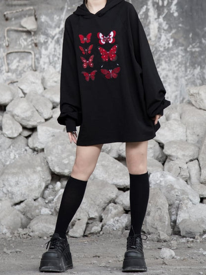 Flock Butterfly Dark Embroidery with Loose Delicate Romance Gothic Red Hoodie Black
