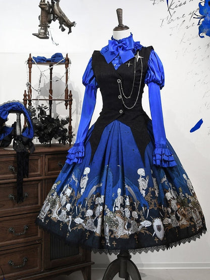 Blue Skeleton Cross Print Under Bust Gothic Lolita Dress with Black Lace Trim - NnSTAR