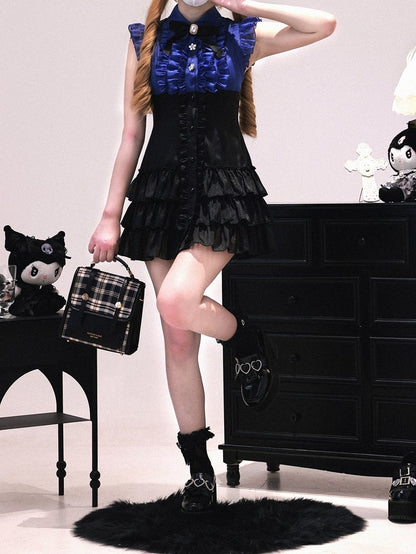 Faux Tiered Placket with Two-Piece Sleeves Ruffle Kei Arm Black and : Jirai Flutter Blue Dress