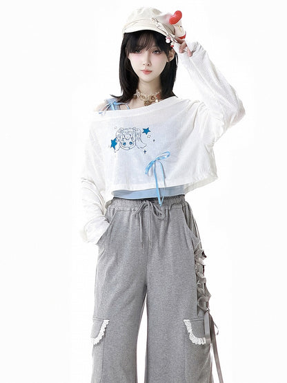 Hellblaues, gepolstertes Tanktop mit süßem Cup und abnehmbarem Mädchen-Print