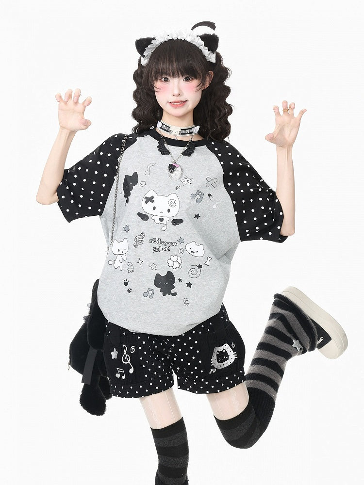 Grey Crew Neck Short Sleeve T-shirt with Kitten & Polka Dot - Languid Park