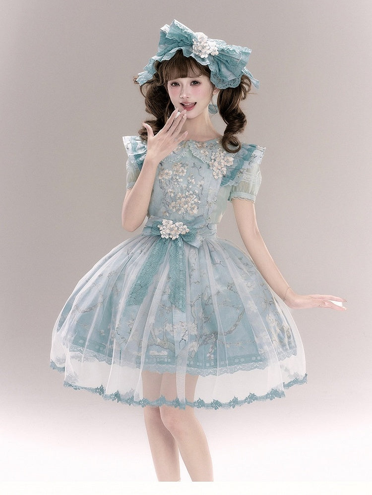 Green Flutter Sleeve Floral Embroidery Bow Lolita Overlay Dress with Lace - Yimu Walnut