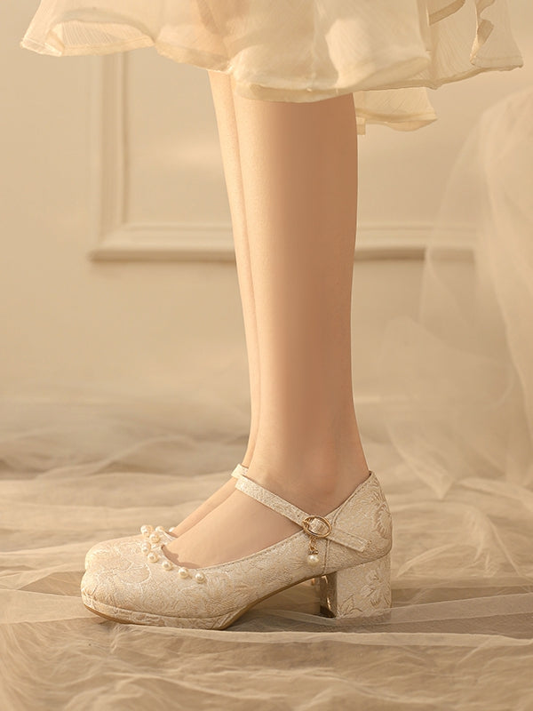 Beige Heels Muster Lolita Floral Block Mid Details Perlen Qi Satin -