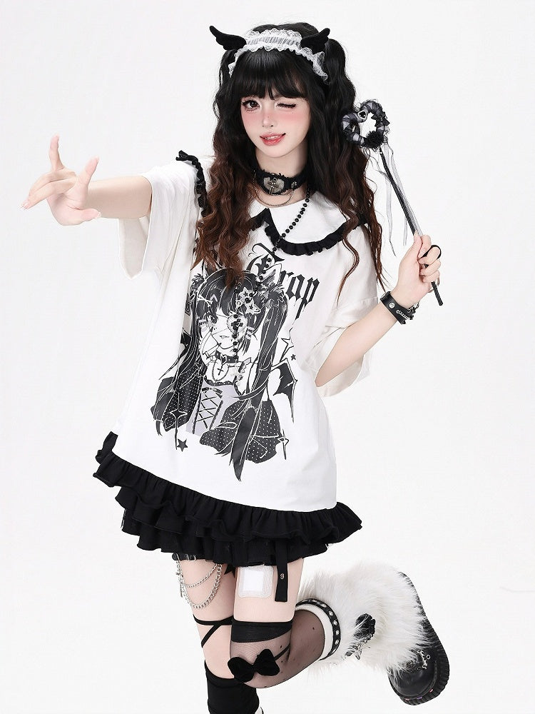 Anime Girl Print White Peter Pan Collar Short Sleeve T-Shirt with Ruffle Hem - CRAZY GIRL