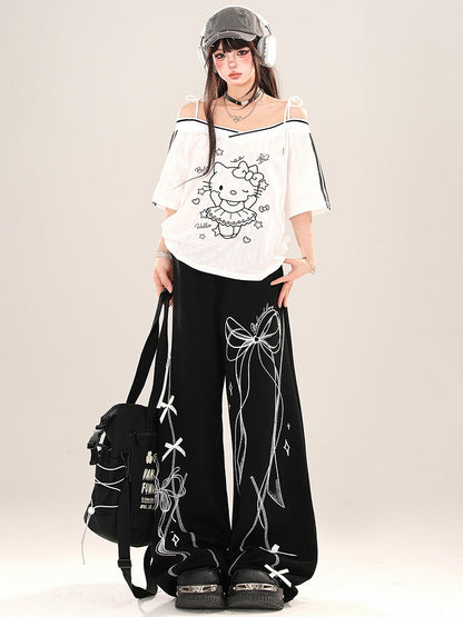 Schwarz/weißes Top mit schulterfreiem Ausschnitt und Kätzchen-Print