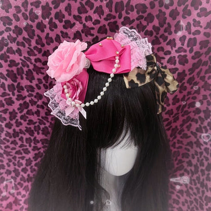 Leopard Showa-style Hime KC Floral Headpiece Lace Pink with Print