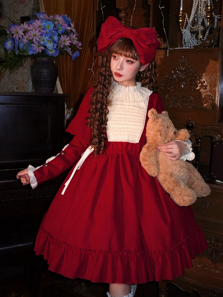 Waist Drawstring Brooch Sleeves and Red Bow Beige Juliette Dress with Lolita Version Short