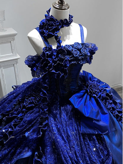 S 80–90 cm Taille Nachthemd Lolita Länge für Ausverkaufsgröße Büste Hanayome Blau Dunkel Entbeint Kleid Ball Starry Goth Boden