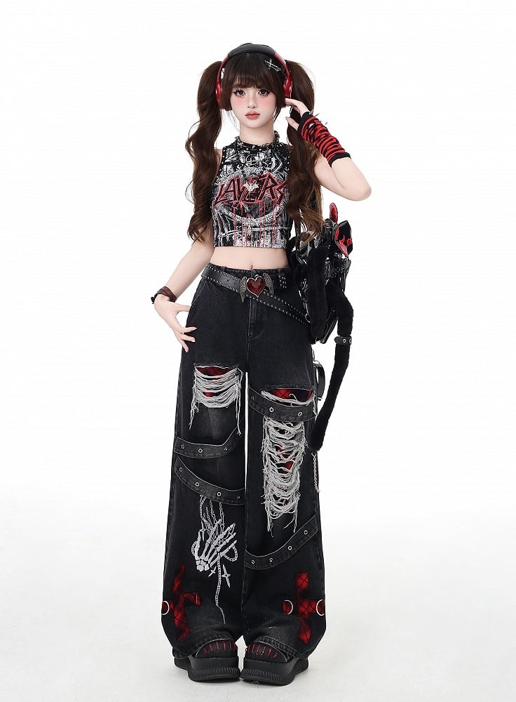 ワイドレッグ グレー/レッド チェック柄 ジーンズ フェード パンク ウォッシュ ダメージ加工 穴あき ヴィンテージ