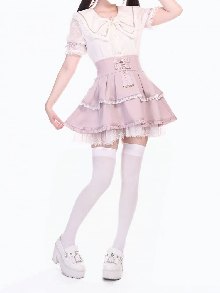 Bowknot Pink High Waist Jirai Kei Tiered Skirt Accents Rhinestone with