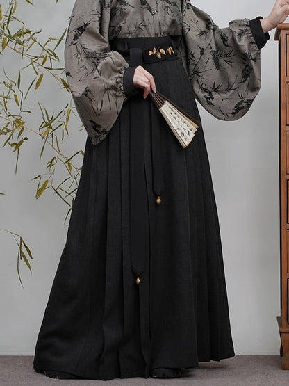 Pleated Style Detail Skirt Chinese with Waistband Elastic Black