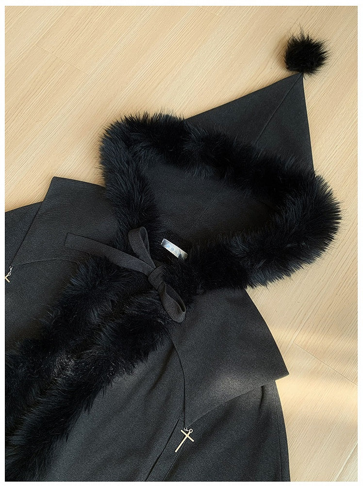 Witch Trim Cross with Fur Autumn for and Faux Winter Lolita Gothic Charms Black Cloak