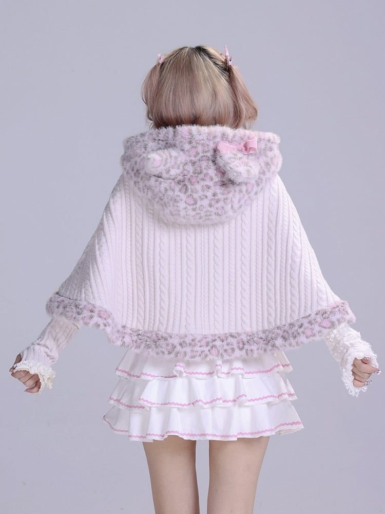 Fur Leopard Pink Cat Knit Faux Gyaru Accents Cape Trim Hime Hooded with Ear Print and Pom-Pom