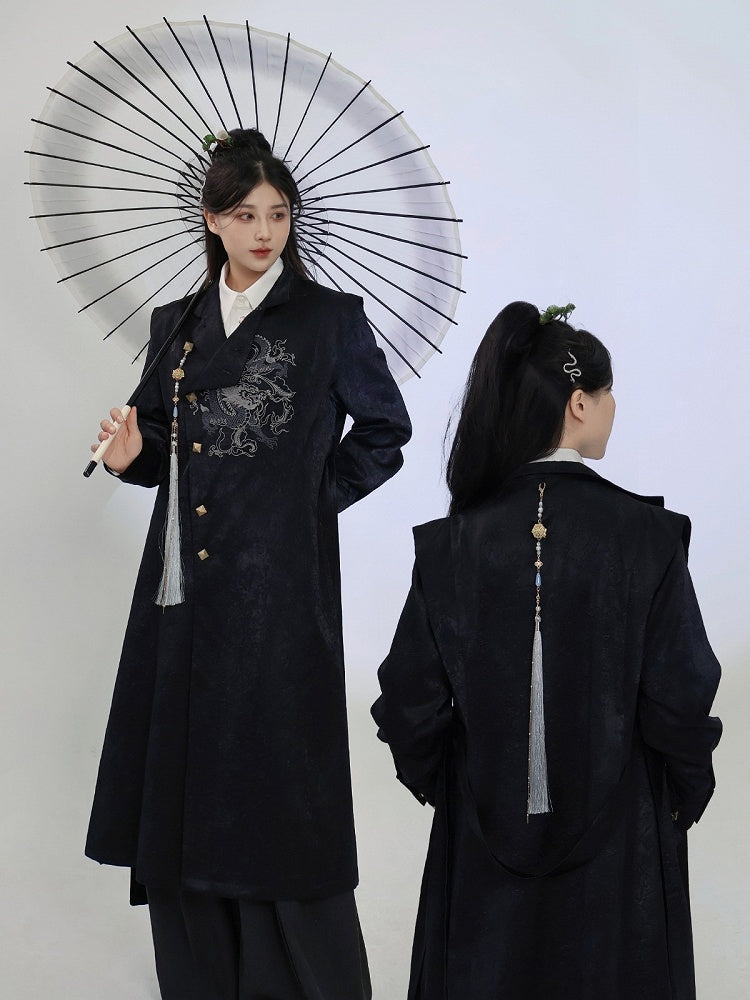 Black Trench Coat with Dragon Embroidery, Mandarin Collar & Detachable Tassel Trim - Feng Hua Gui Guo Ling