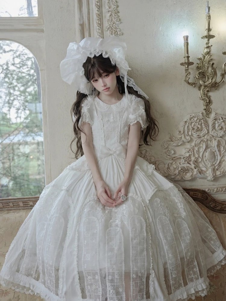 Classic Ivory Puff-Sleeve OP Gown with Sash & Lace Accents - Sleepless Unanswered