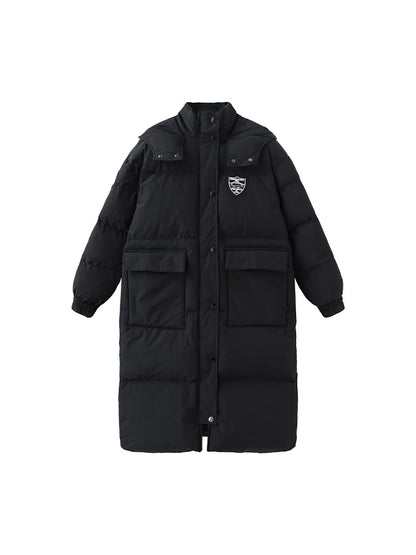 Coat Preppy Padded/Down Hooded Mandarin Badge Black with Mid-Length Collar Patches