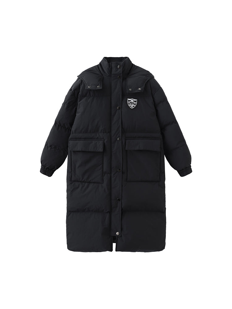 Mid-Length Preppy Mandarin Patches Black Coat Hooded with Badge Padded/Down Collar