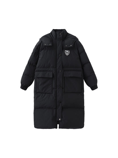 Mid-Length Preppy Mandarin Patches Black Coat Hooded with Badge Padded/Down Collar