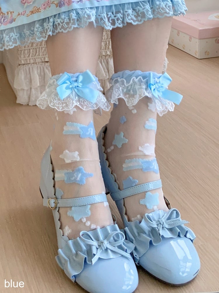 Sheer Ankle Socks with Bow Lace Trim & Star Decoration, 7 Colors - ROJI ROJI