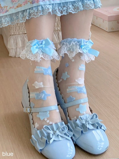Sheer Ankle Socks with Bow Lace Trim & Star Decoration, 7 Colors - ROJI ROJI