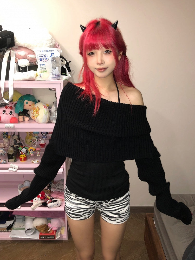 Long Loose Knit Collar Top with Black Short Sleeve Adjustable