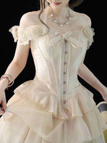 and Accents with Rose Corset Beige Bow Ribbon Lolita Top Shoulder