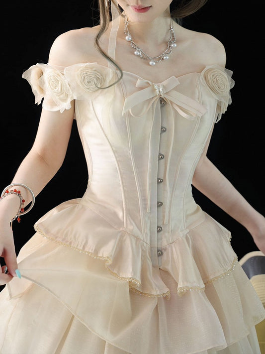 and Accents with Rose Corset Beige Bow Ribbon Lolita Top Shoulder