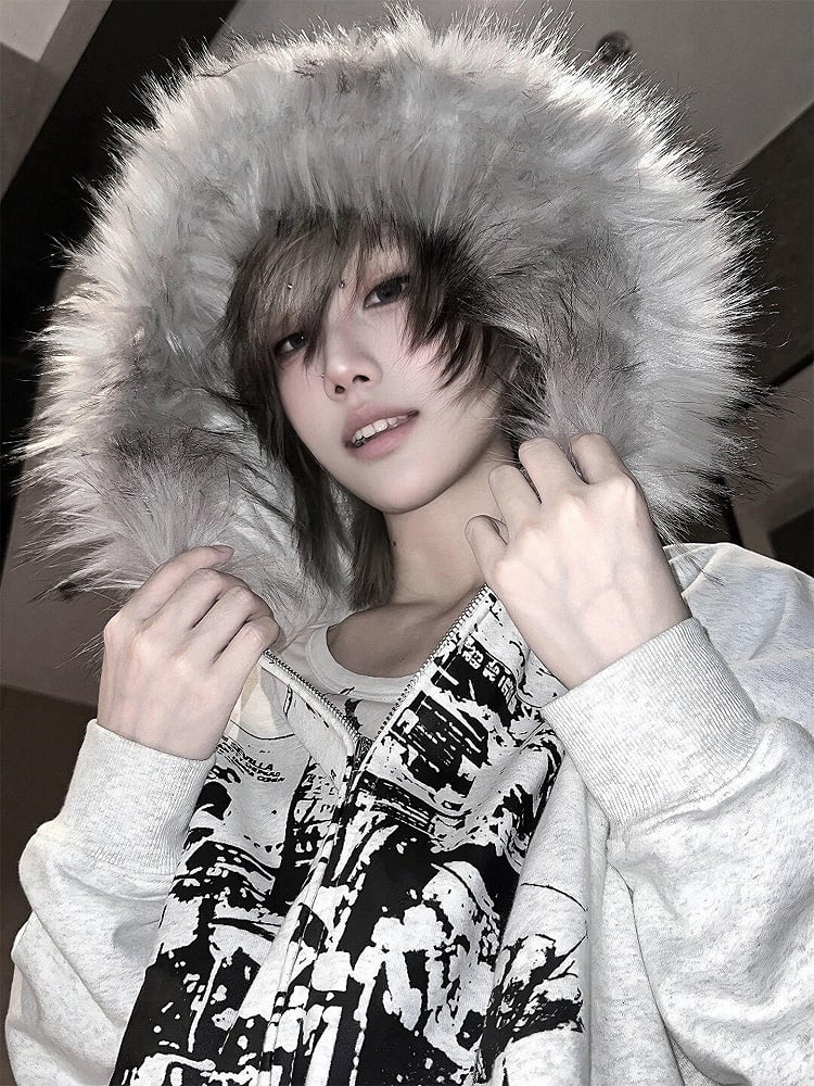 Jacket Faux Gray Trim - Hood Print Zip-up Y2K Hooded Decoration Fur Light