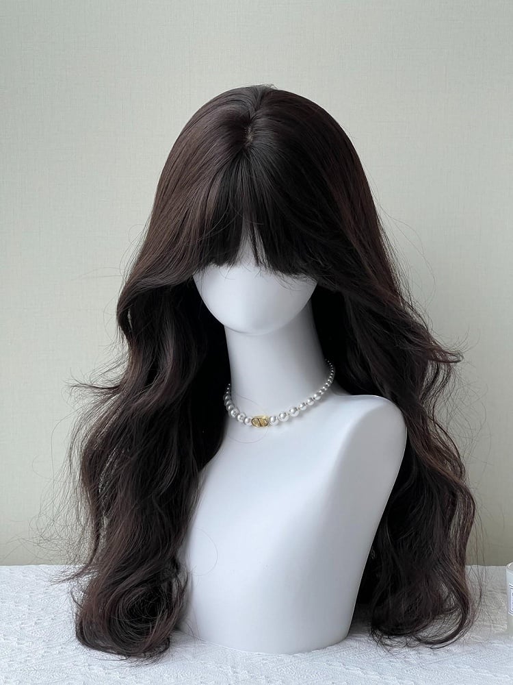 Black Double 60CM with Bangs Wavy Ponytail Wig Full Tea